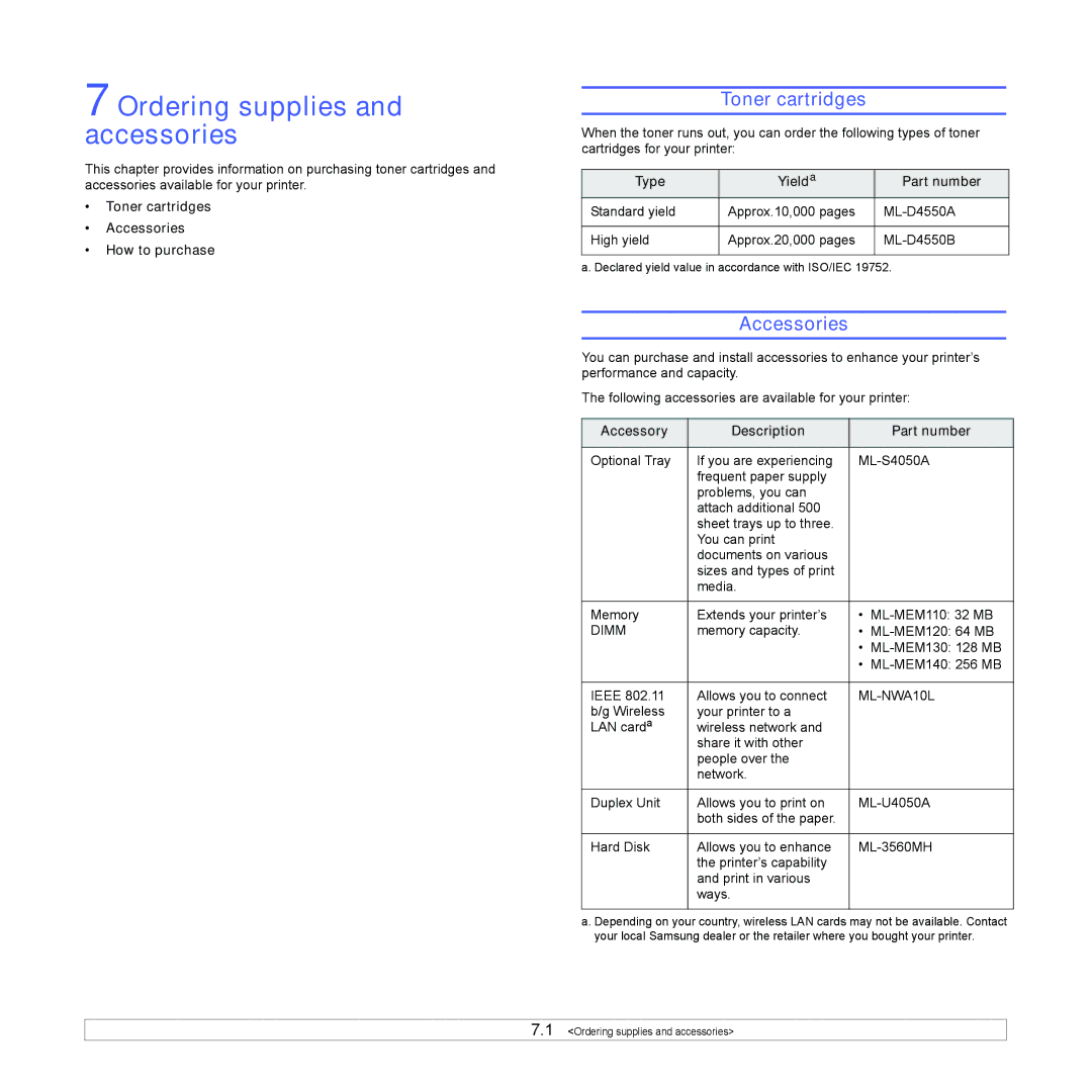 Samsung ML-4050N manual Ordering supplies and accessories, Toner cartridges, Accessories 