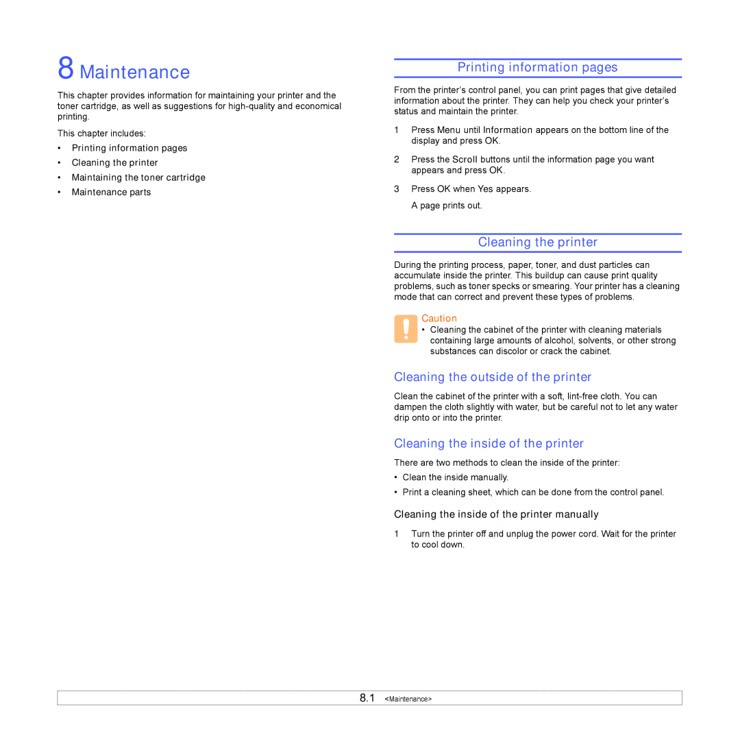 Samsung ML-4050N manual Maintenance, Printing information pages, Cleaning the printer, Cleaning the outside of the printer 