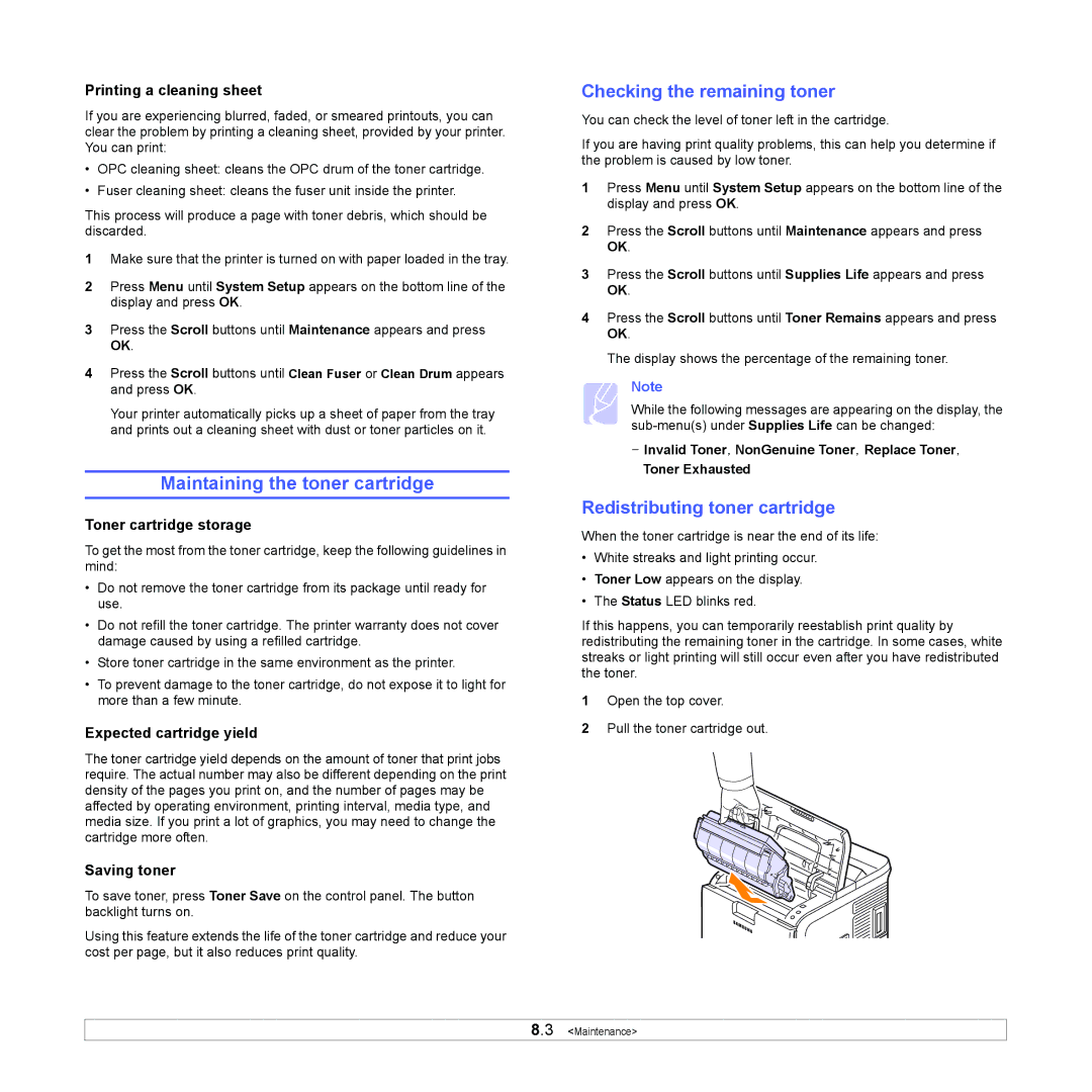 Samsung ML-4050N manual Maintaining the toner cartridge, Checking the remaining toner, Redistributing toner cartridge 