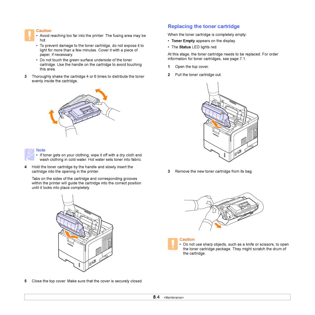 Samsung ML-4050N manual Replacing the toner cartridge 