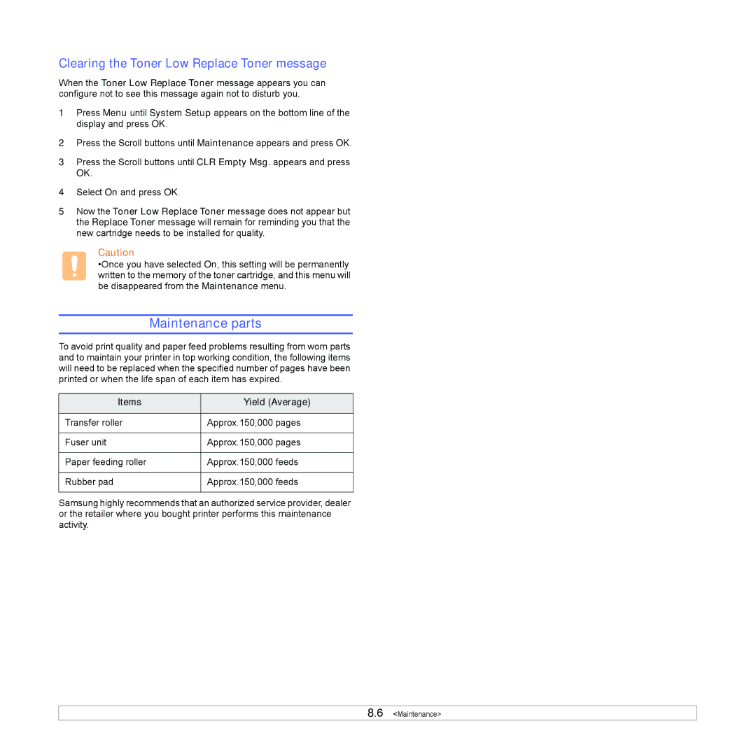 Samsung ML-4050N manual Maintenance parts, Items Yield Average 