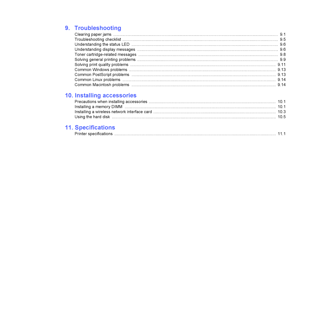 Samsung ML-4050N manual Troubleshooting, Installing accessories, Specifications 