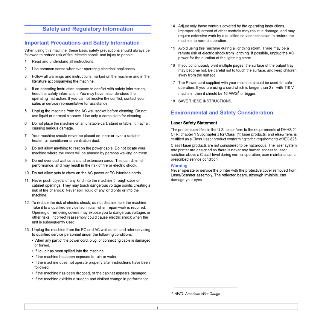 Samsung ML-4050N Safety and Regulatory Information, Important Precautions and Safety Information, Laser Safety Statement 