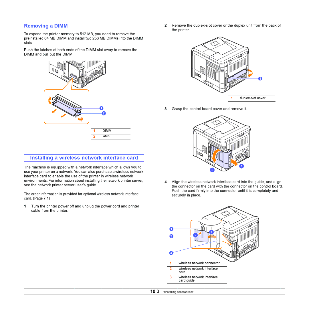 Samsung ML-4050N manual Installing a wireless network interface card, Removing a Dimm 