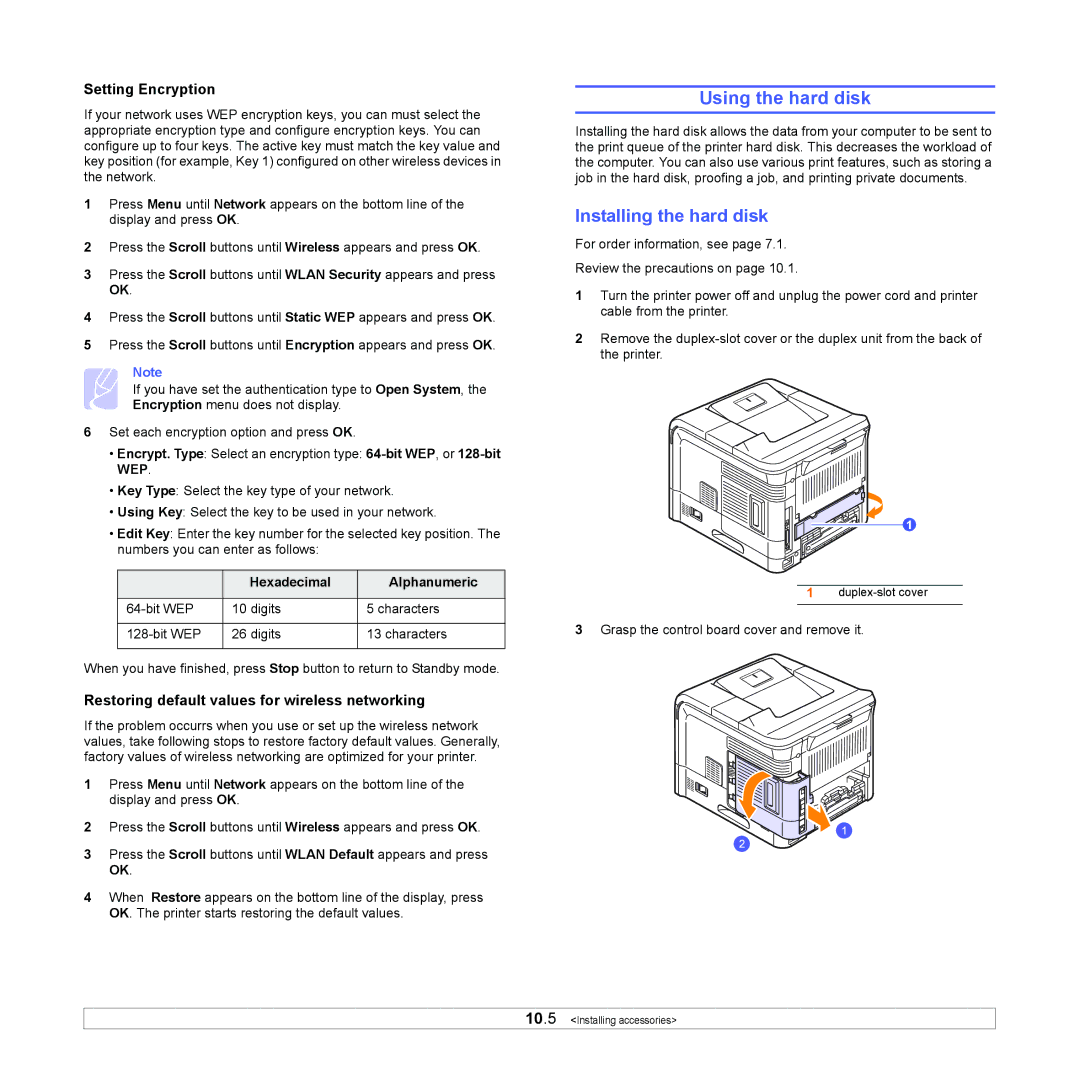 Samsung ML-4050N manual Using the hard disk, Installing the hard disk, Setting Encryption, Hexadecimal Alphanumeric 