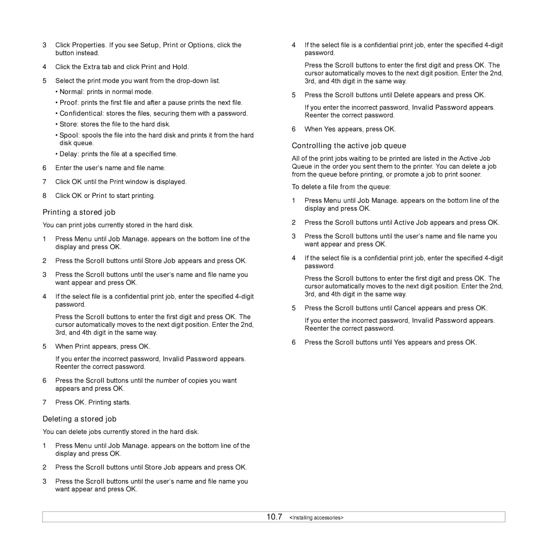 Samsung ML-4050N manual Printing a stored job, Deleting a stored job, Controlling the active job queue 