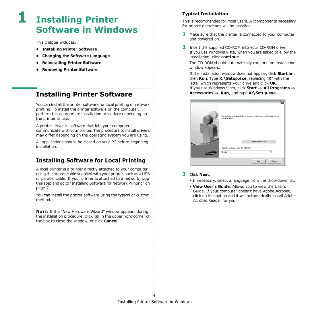 Samsung ML-4050N manual Installing Printer Software, Installing Software for Local Printing, Typical Installation 