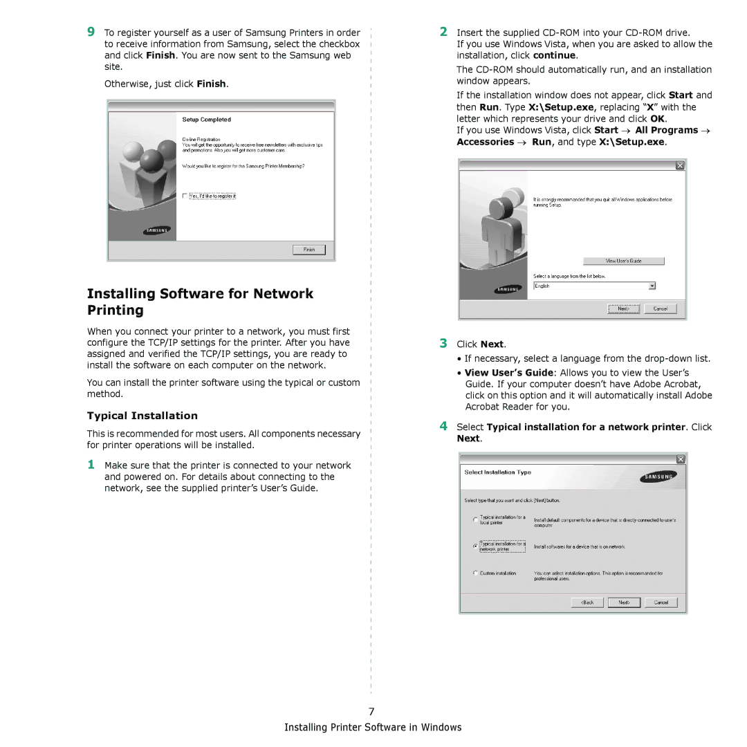 Samsung ML-4050N manual Installing Software for Network Printing, Typical Installation 