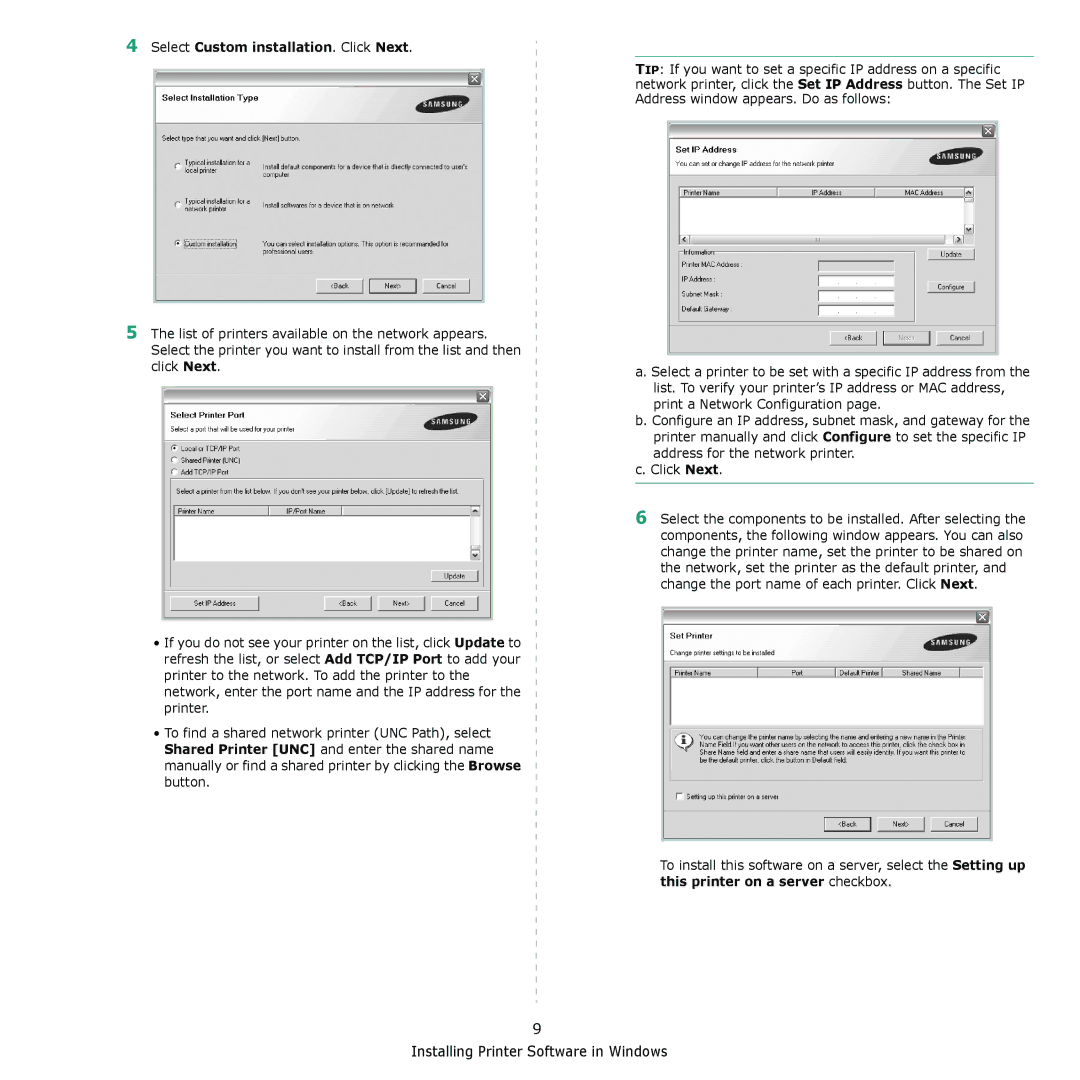 Samsung ML-4050N manual Select Custom installation. Click Next 