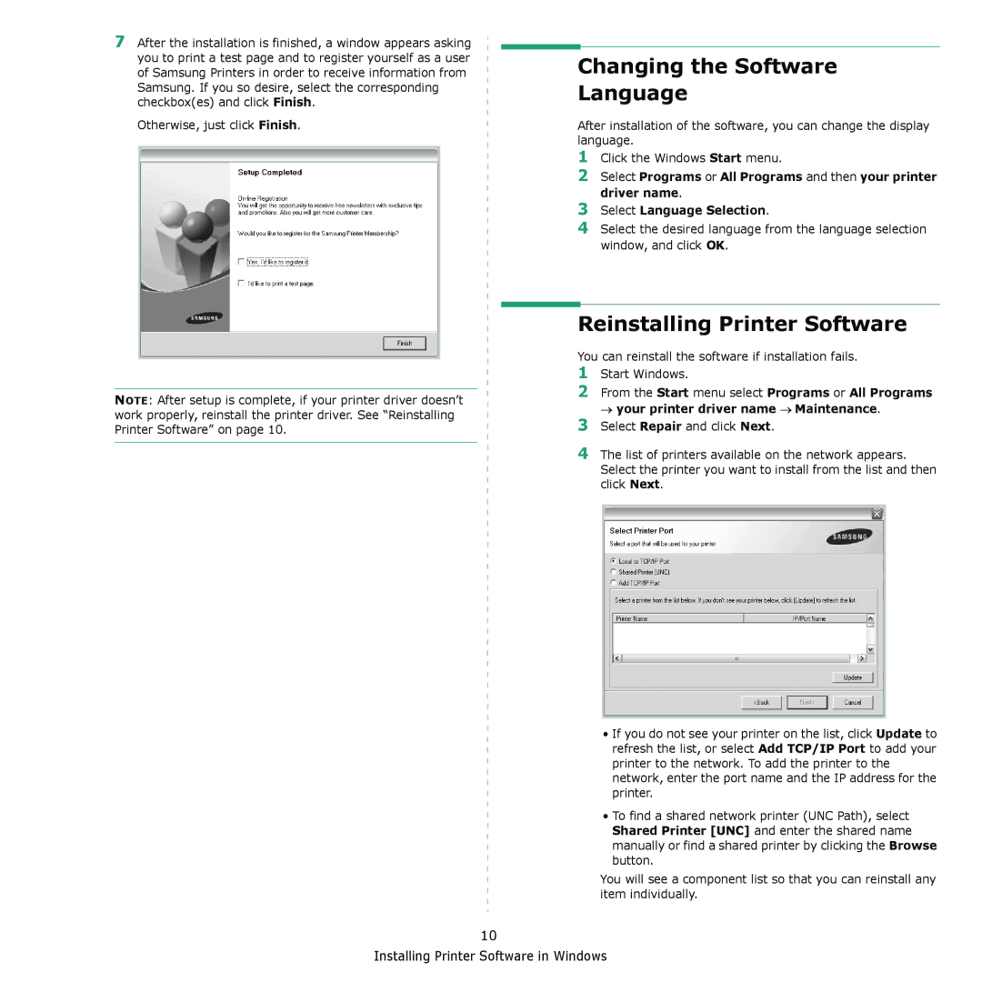 Samsung ML-4050N manual Changing the Software Language, Reinstalling Printer Software 