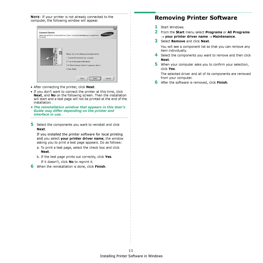 Samsung ML-4050N manual Removing Printer Software, Select the components you want to reinstall and click Next 