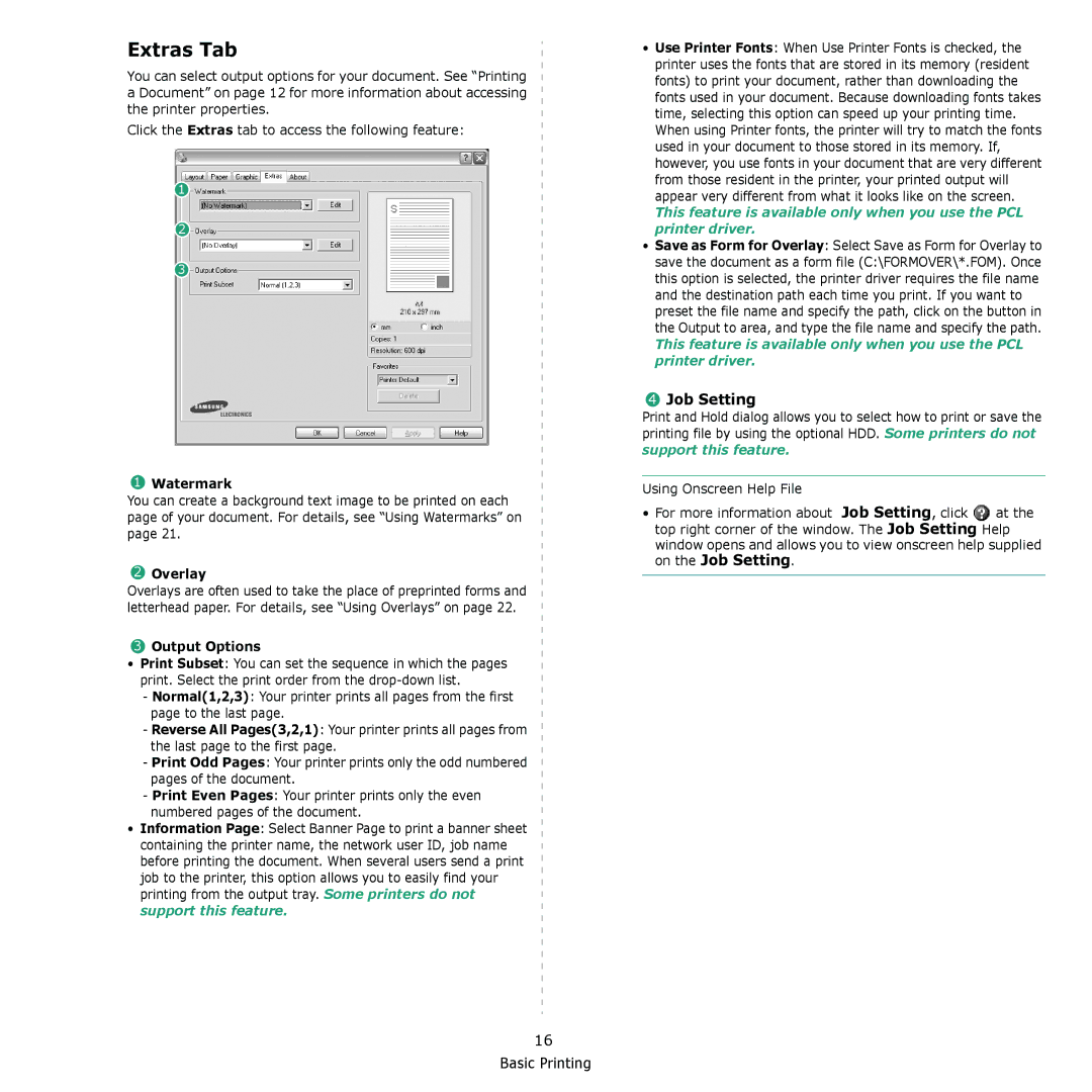 Samsung ML-4050N manual Extras Tab, On the Job Setting 