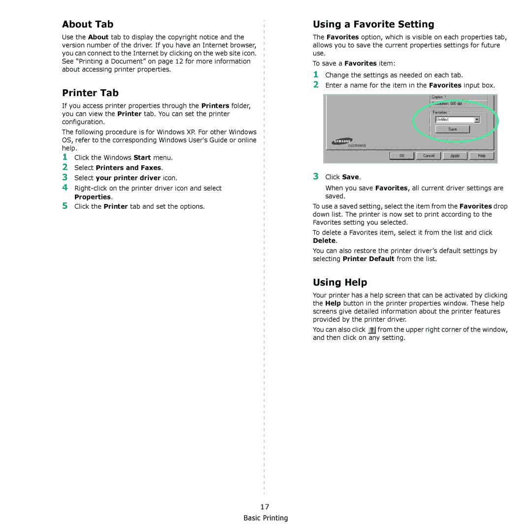 Samsung ML-4050N manual About Tab, Printer Tab, Using a Favorite Setting, Using Help, Properties 