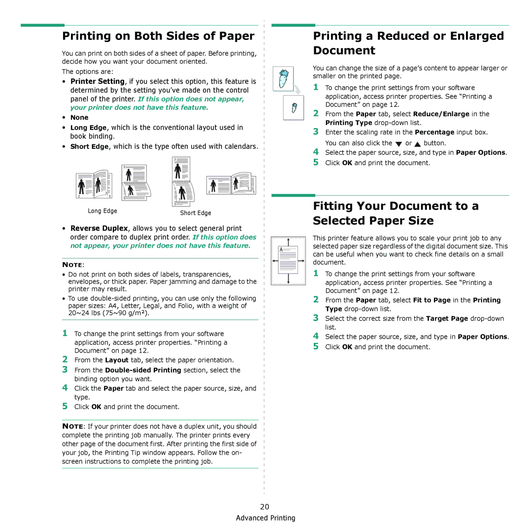 Samsung ML-4050N manual Printing on Both Sides of Paper, Printing a Reduced or Enlarged Document, None 