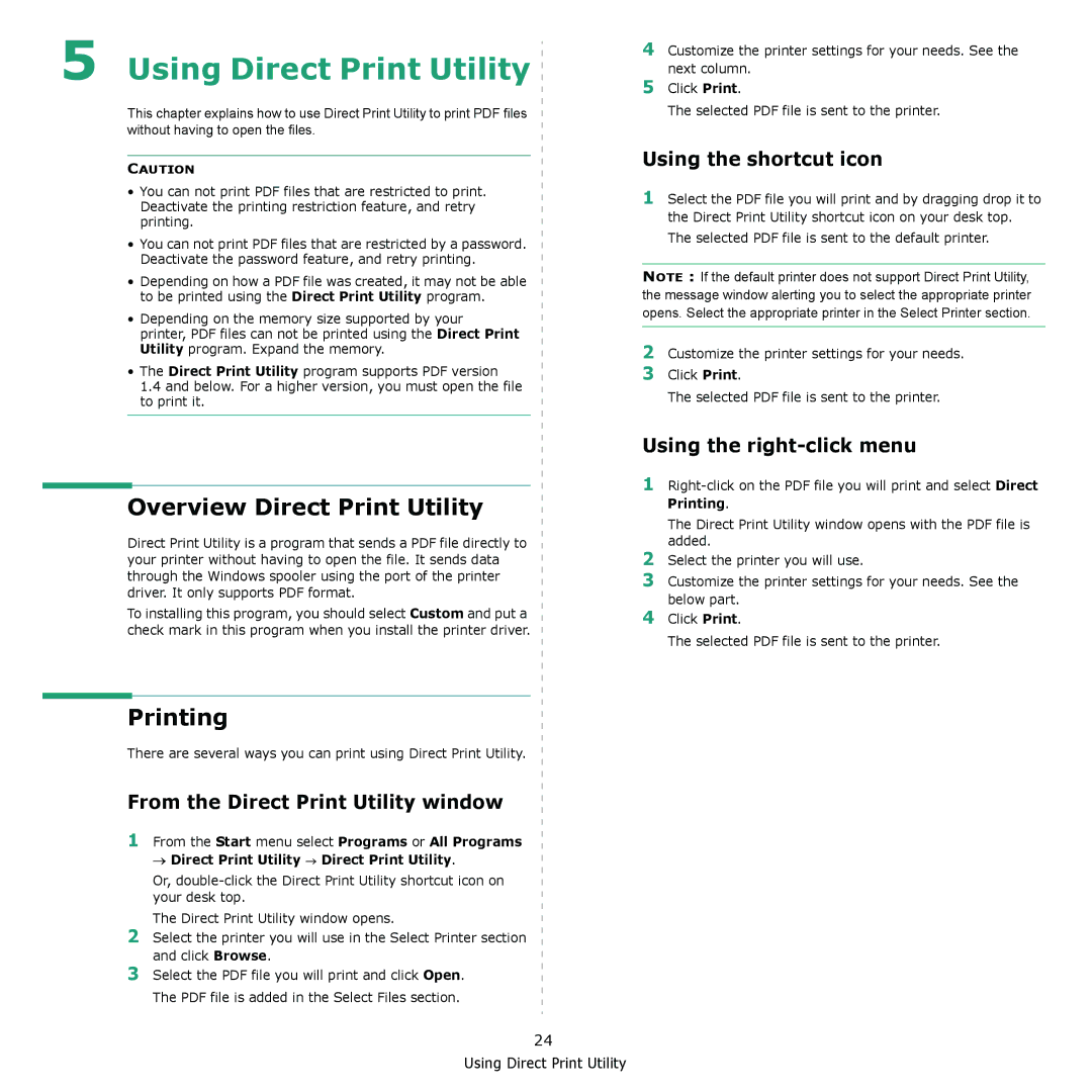 Samsung ML-4050N manual Overview Direct Print Utility, Printing, Using the shortcut icon, Using the right-click menu 