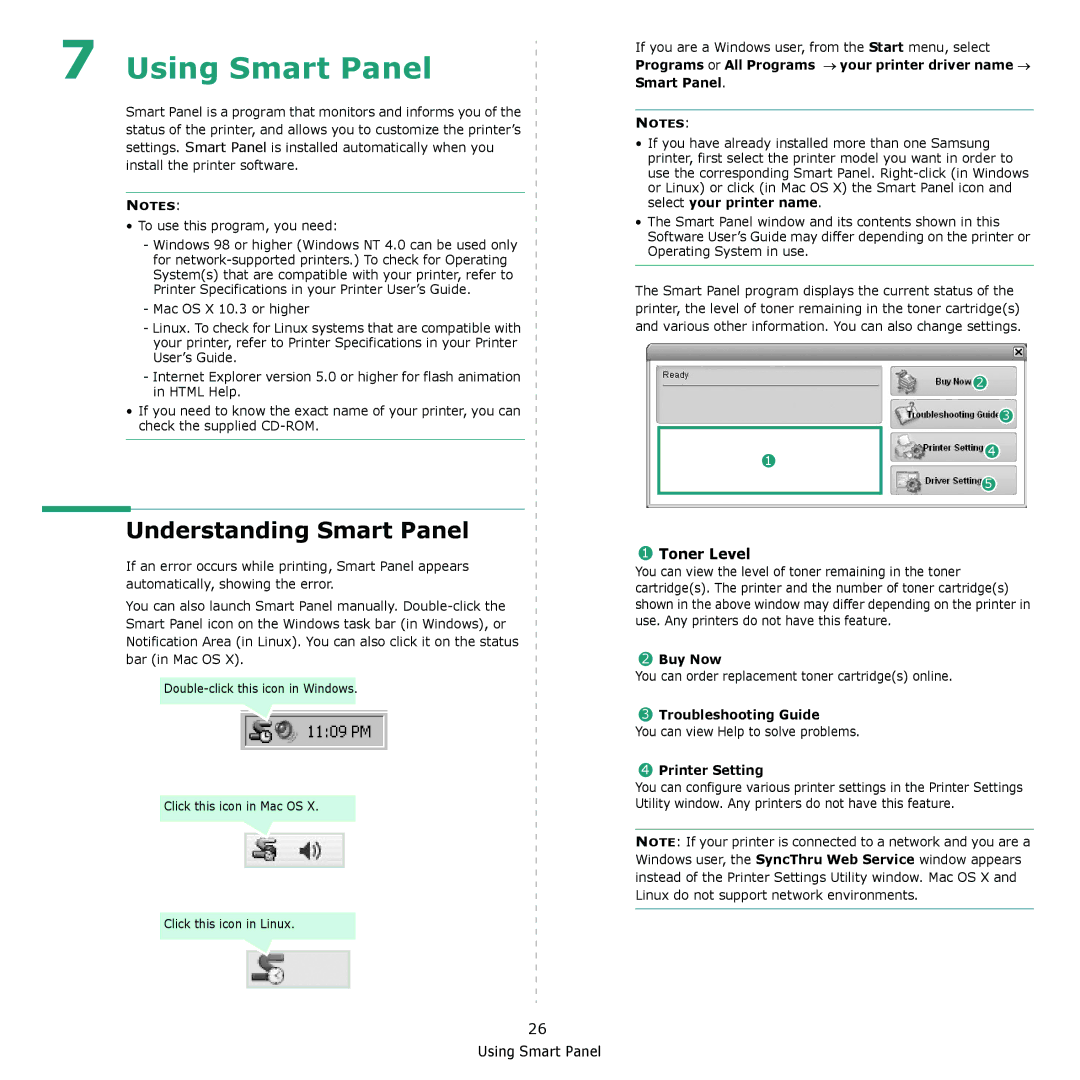 Samsung ML-4050N manual Understanding Smart Panel, Toner Level, Buy Now, Troubleshooting Guide, Printer Setting 