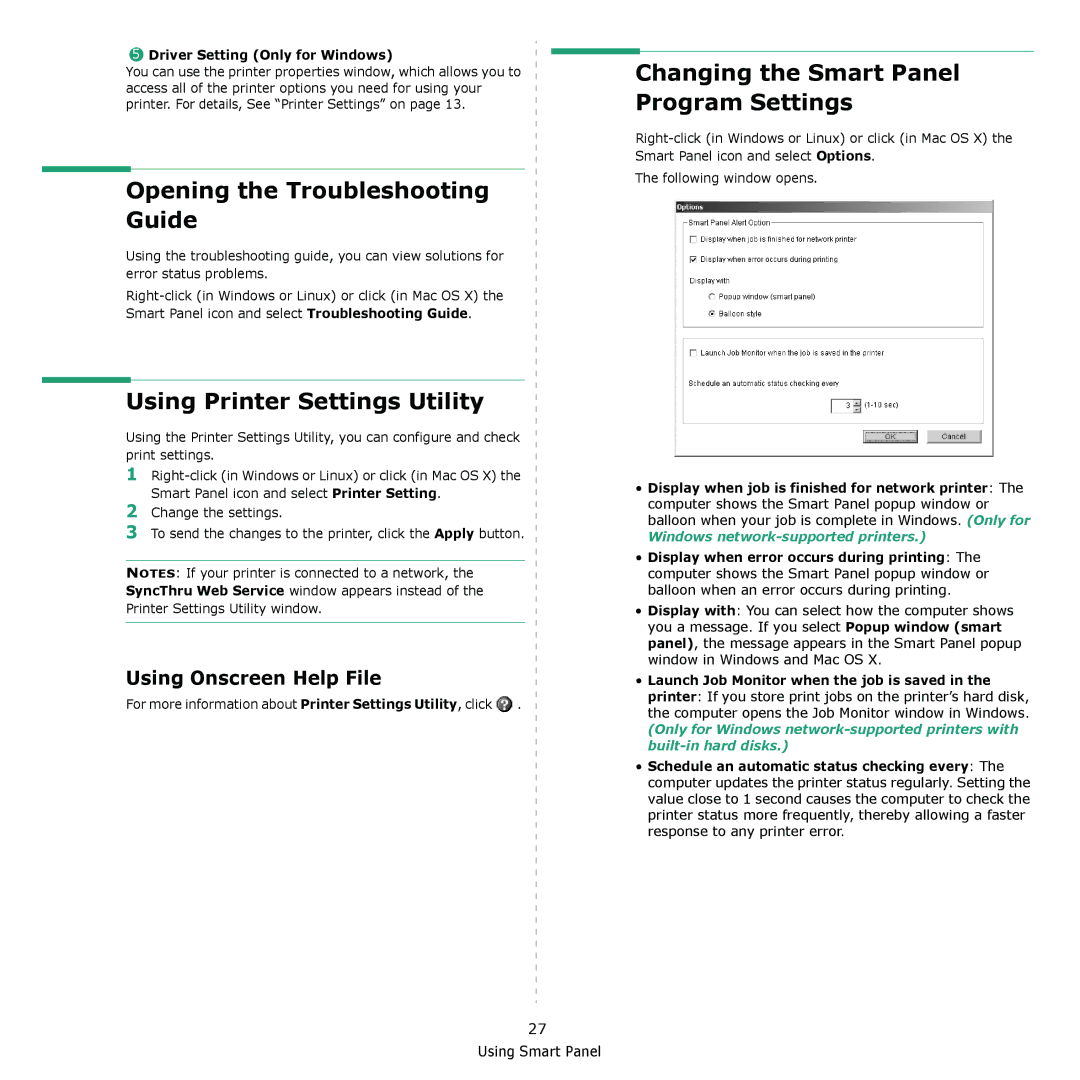 Samsung ML-4050N Opening the Troubleshooting Guide, Changing the Smart Panel Program Settings, Using Onscreen Help File 