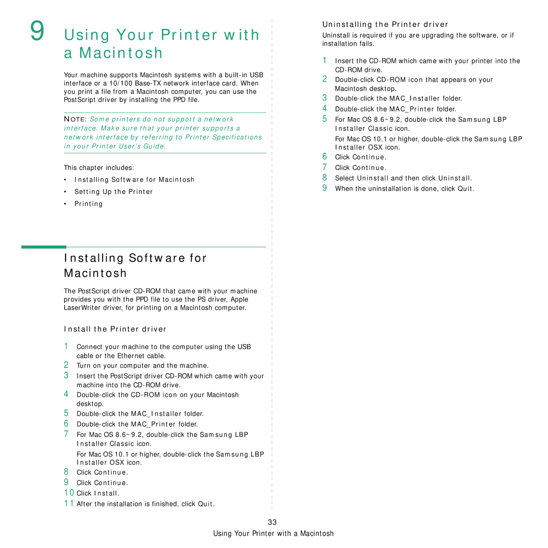 Samsung ML-4050ND manual Installing Software for Macintosh, Install the Printer driver, Uninstalling the Printer driver 