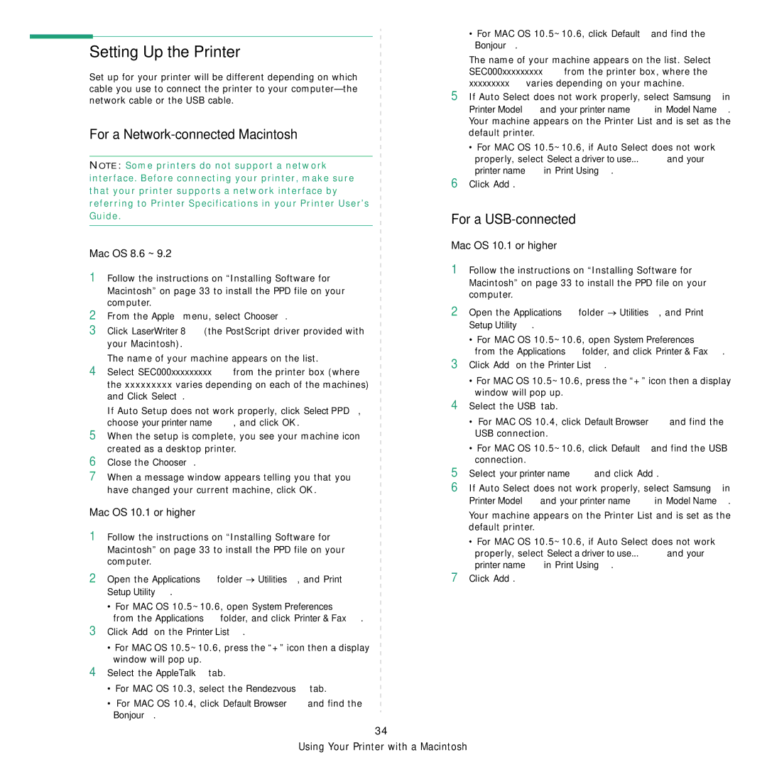 Samsung ML-4050ND manual Setting Up the Printer, For a Network-connected Macintosh, For a USB-connected, Mac OS 8.6 ~ 