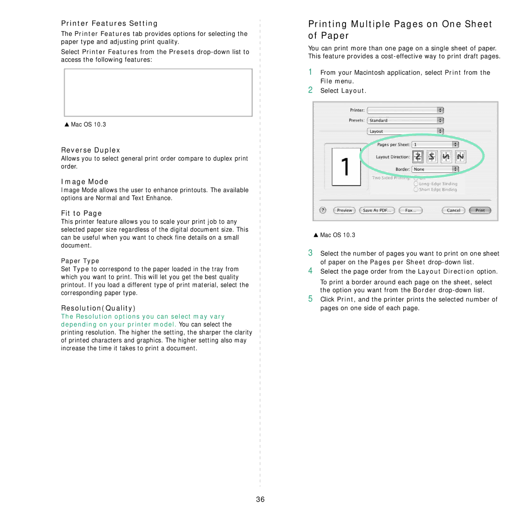 Samsung ML-4050ND manual Printing Multiple Pages on One Sheet of Paper, Printer Features Setting, Reverse Duplex, Fit to 