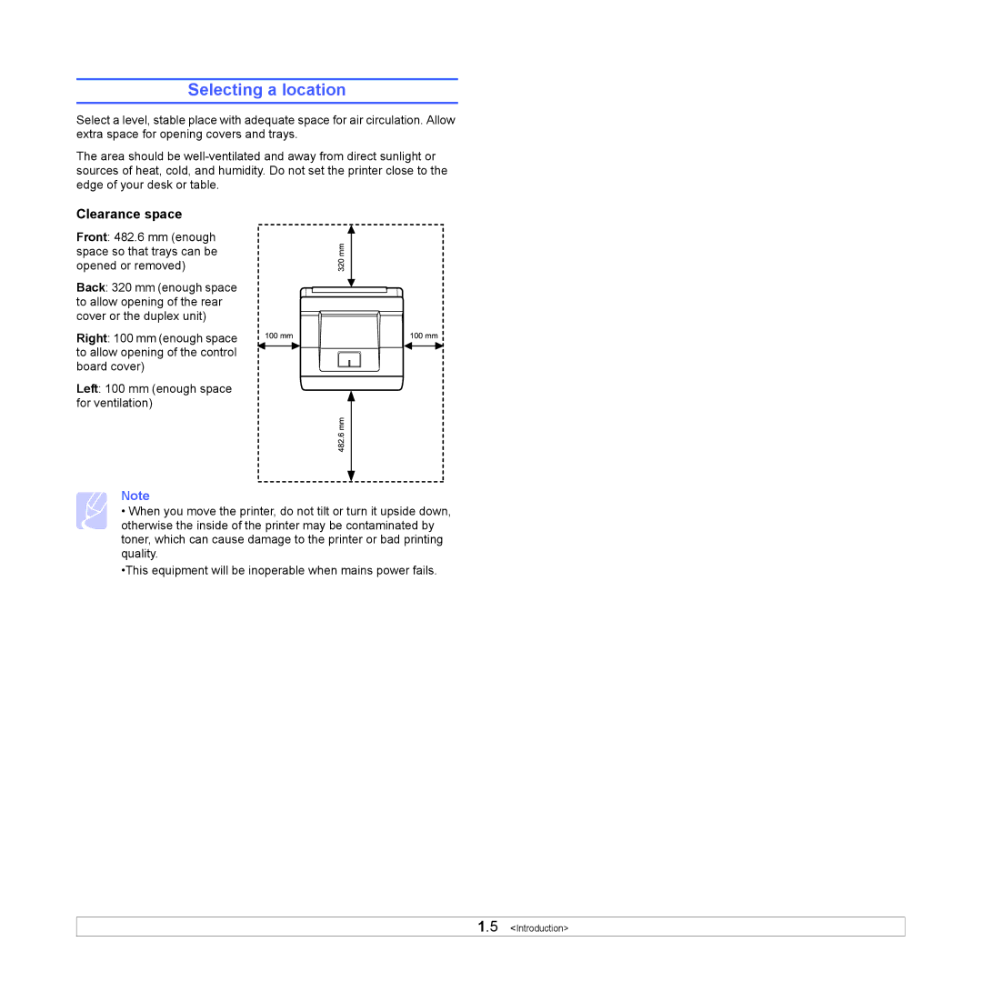 Samsung ML-4050ND manual Selecting a location, Clearance space 