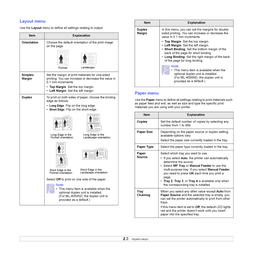 Samsung ML-4050ND manual Layout menu, Paper menu 