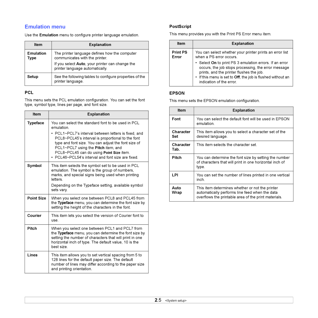 Samsung ML-4050ND manual Emulation menu, PostScript 