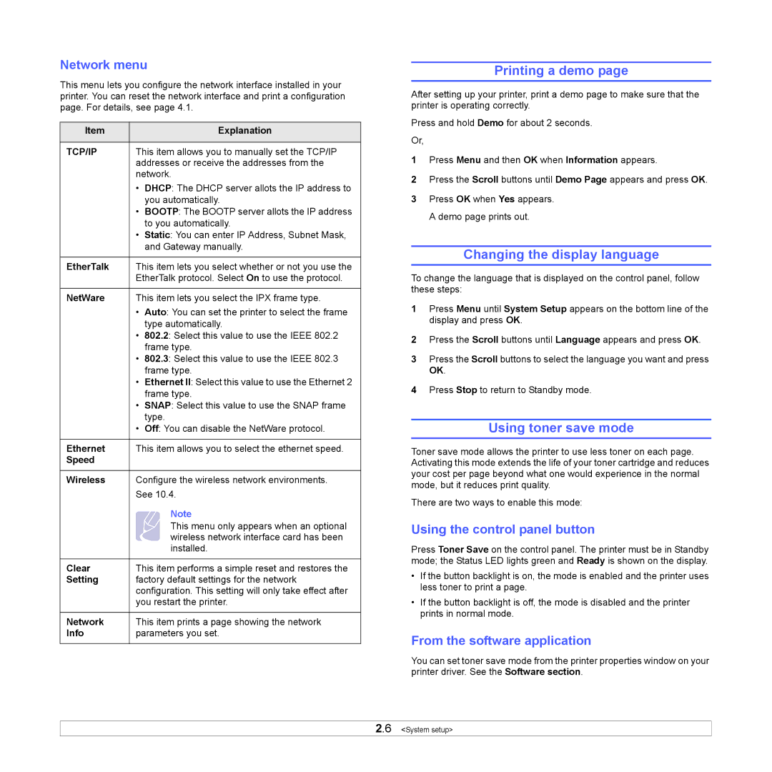 Samsung ML-4050ND manual Printing a demo, Changing the display language, Using toner save mode 