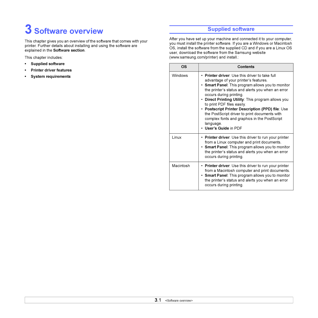 Samsung ML-4050ND manual Software overview, Supplied software, Contents, Postscript Printer Description PPD file Use 