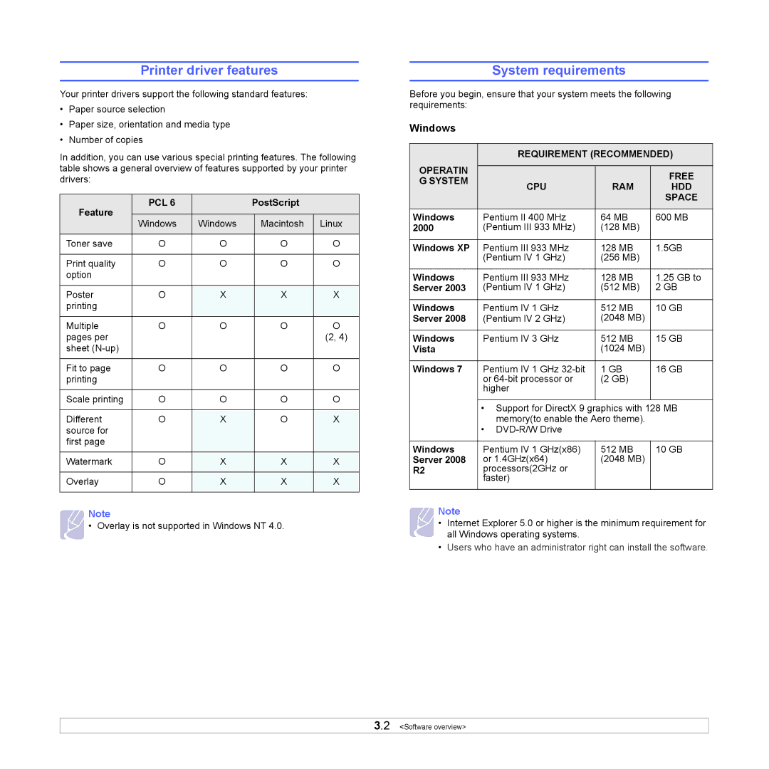 Samsung ML-4050ND manual Printer driver features, System requirements, Windows 