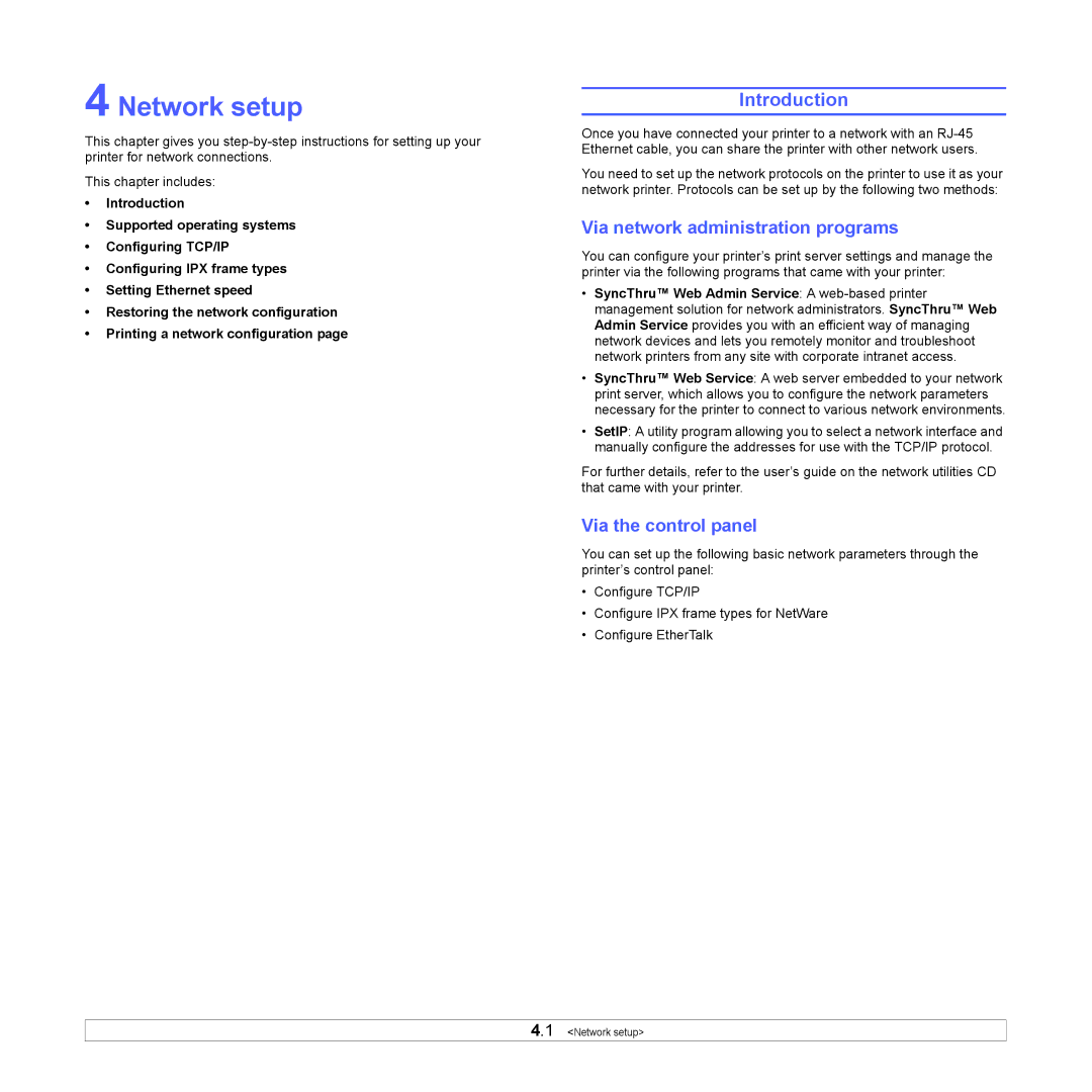 Samsung ML-4050ND manual Network setup, Via network administration programs, Via the control panel 