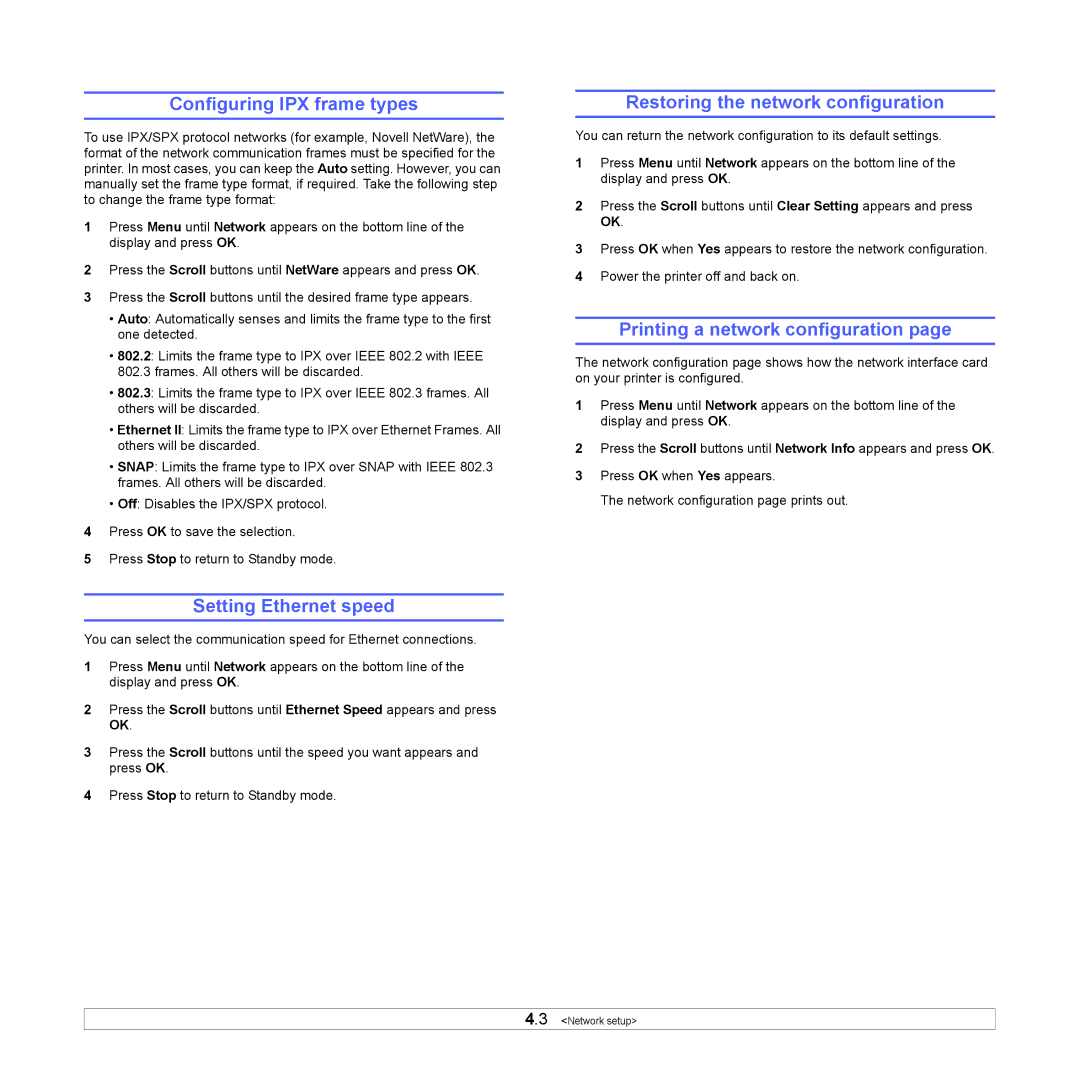 Samsung ML-4050ND manual Configuring IPX frame types, Setting Ethernet speed, Restoring the network configuration 