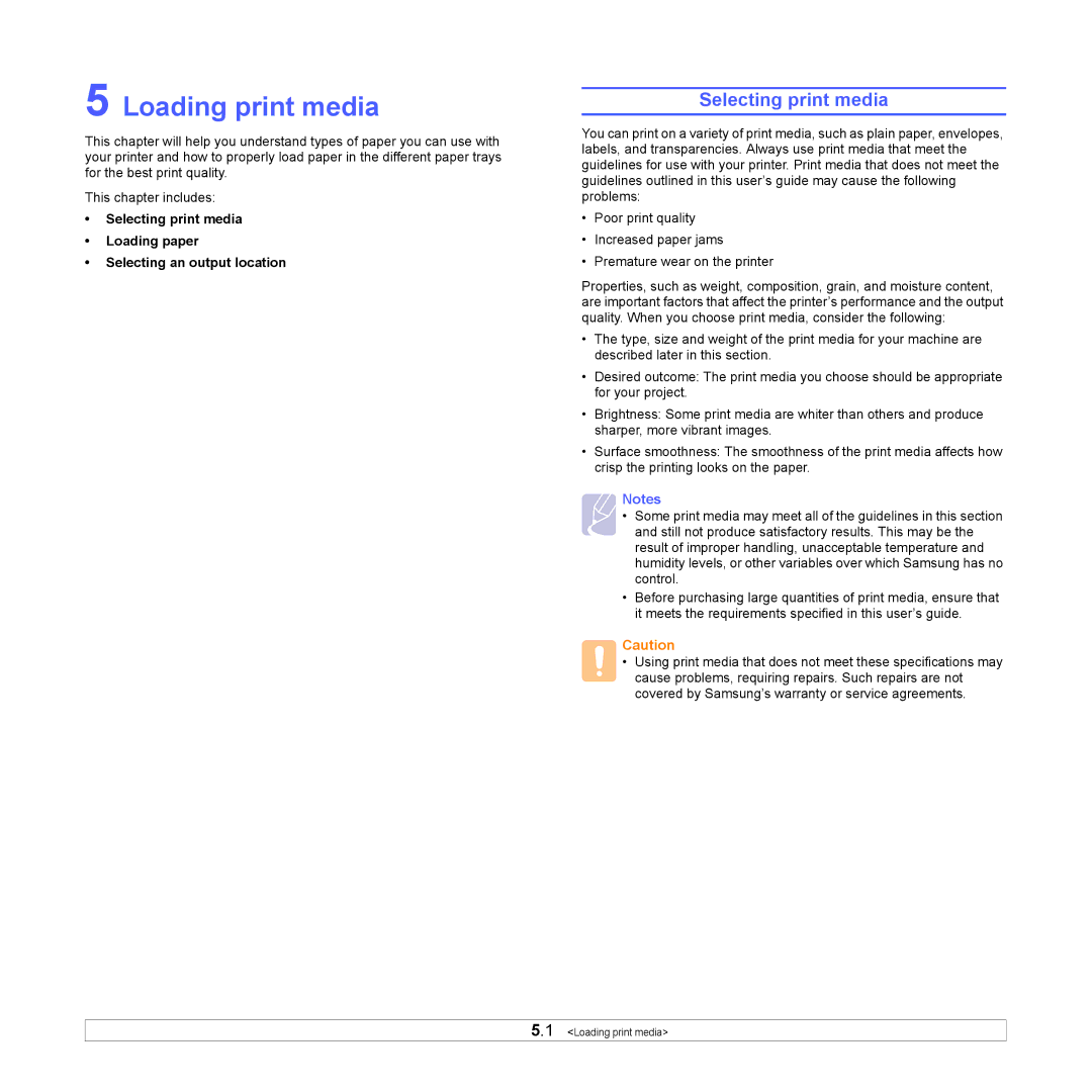 Samsung ML-4050ND manual Loading print media, Selecting print media 