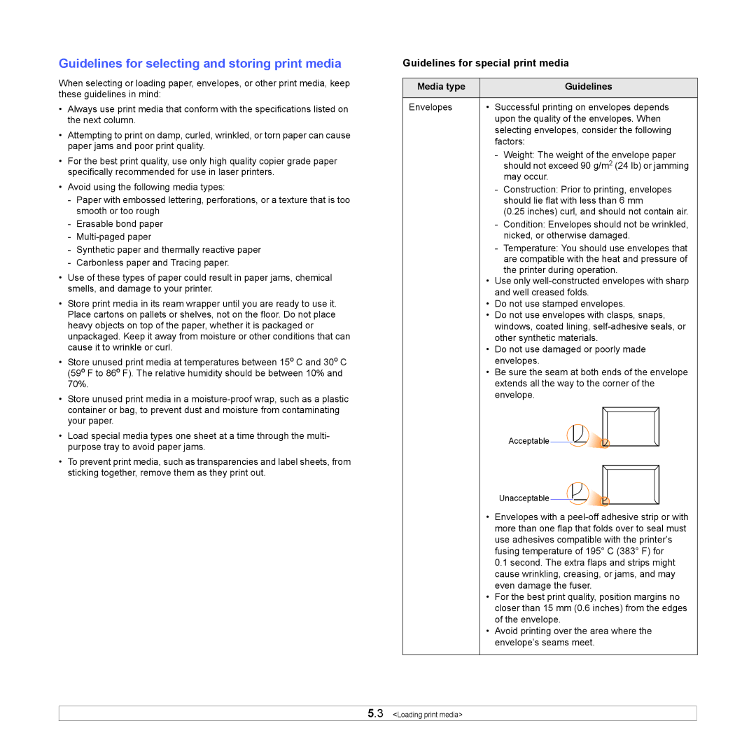 Samsung ML-4050ND manual Guidelines for selecting and storing print media, Guidelines for special print media 