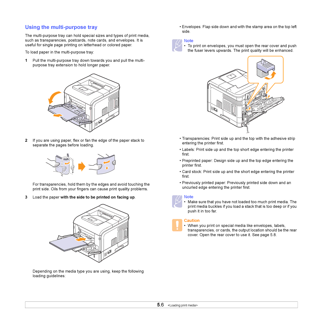 Samsung ML-4050ND manual Using the multi-purpose tray, Load the paper with the side to be printed on facing up 