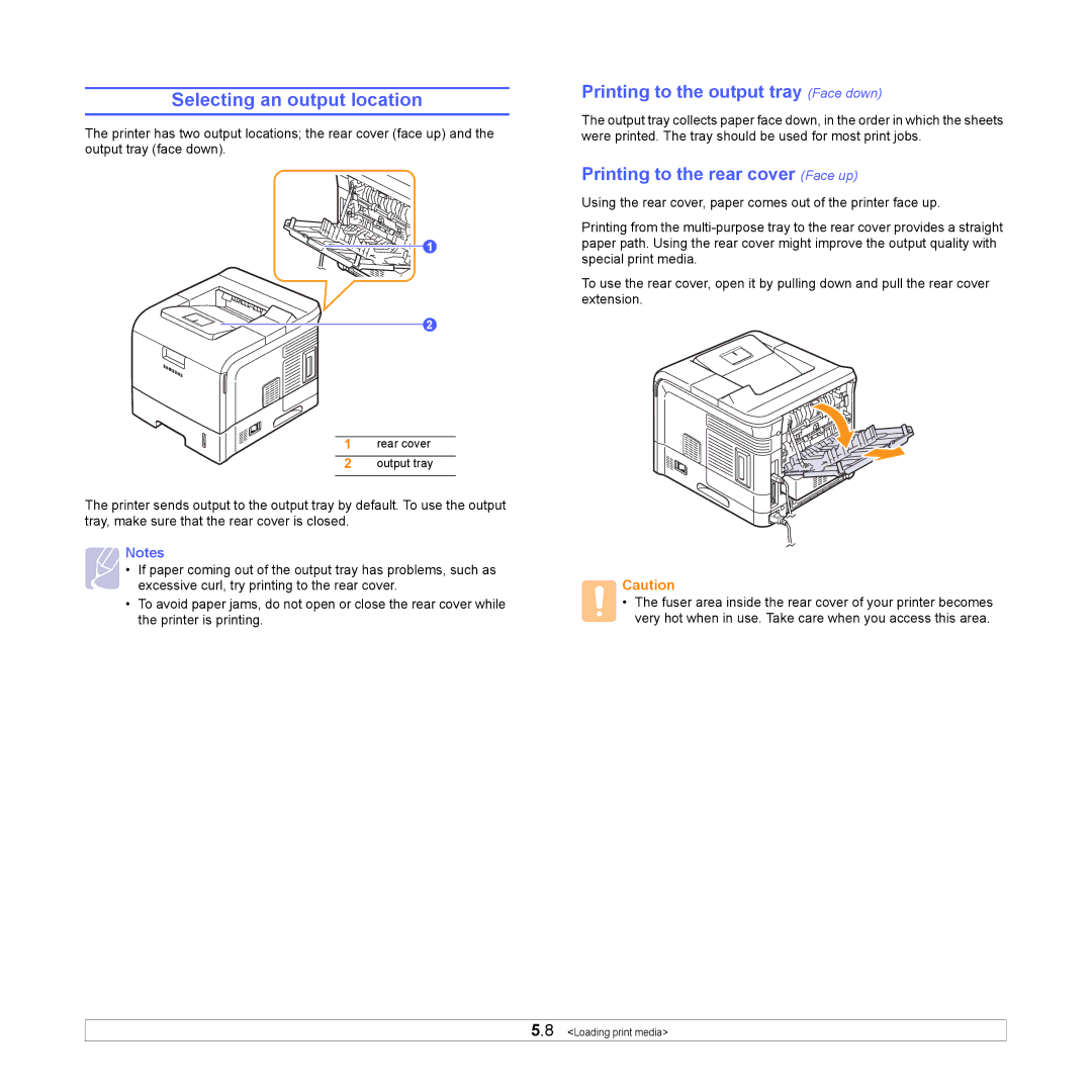 Samsung ML-4050ND Selecting an output location, Printing to the output tray Face down, Printing to the rear cover Face up 