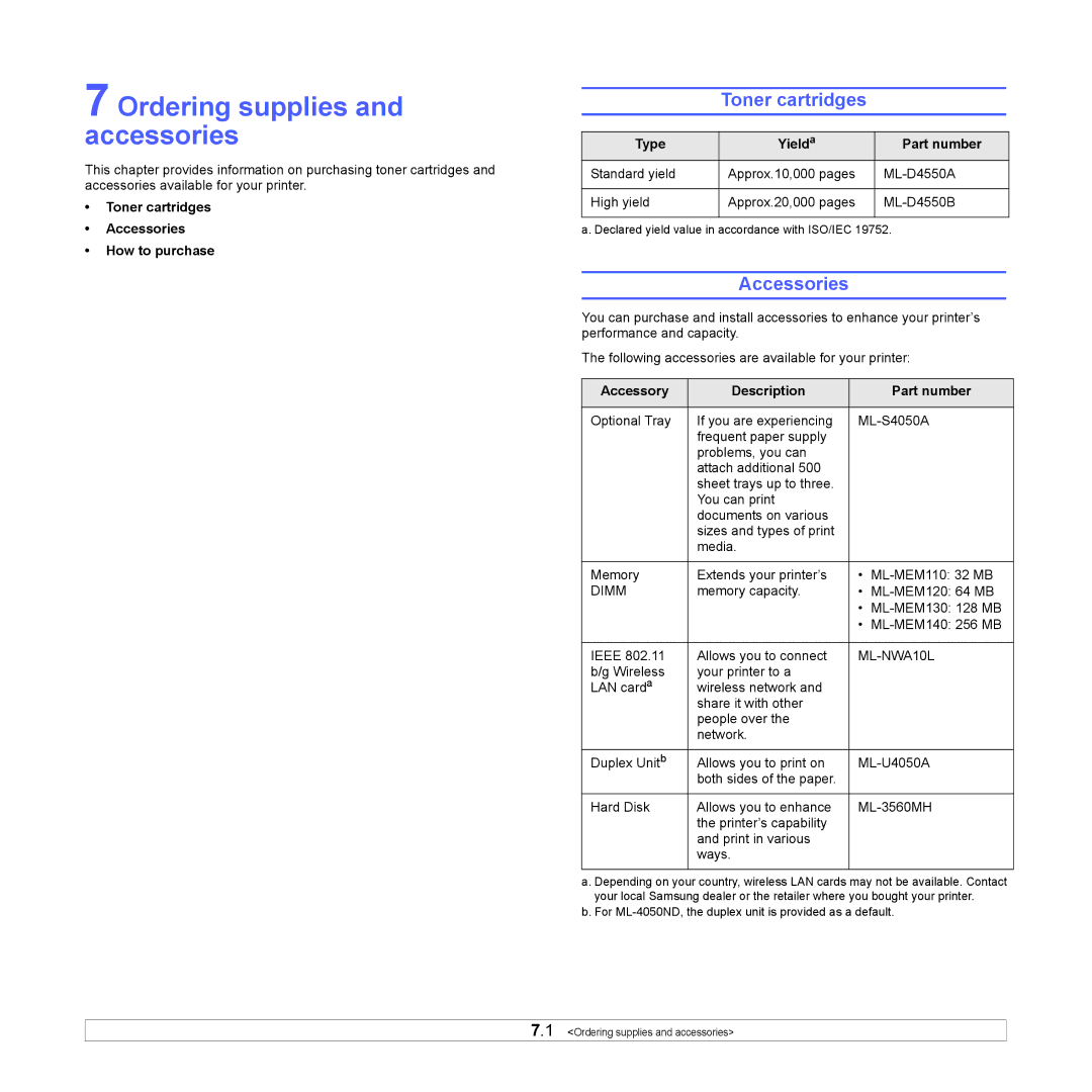 Samsung ML-4050ND manual Ordering supplies and accessories, Toner cartridges, Accessories 