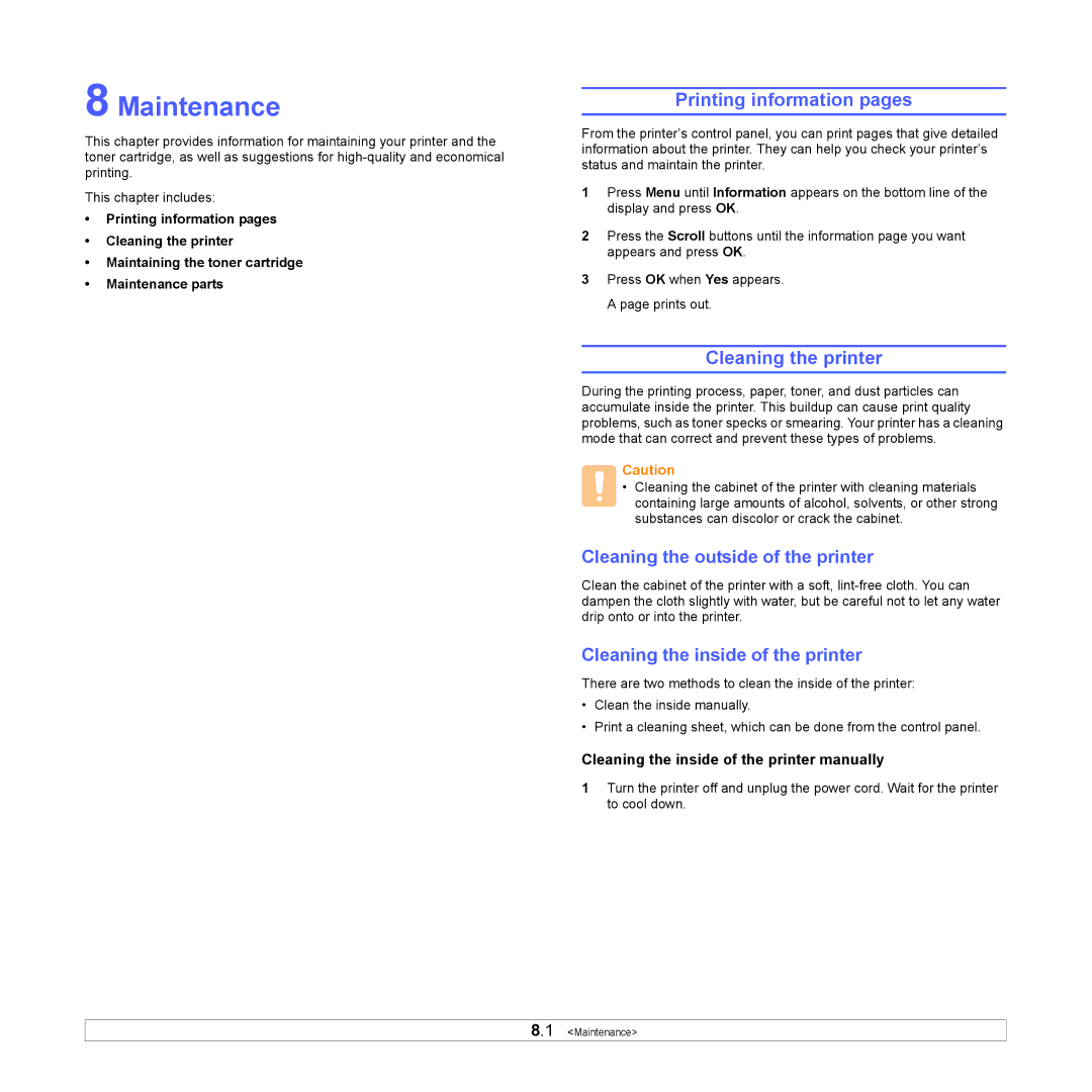 Samsung ML-4050ND manual Maintenance, Printing information pages, Cleaning the printer, Cleaning the outside of the printer 