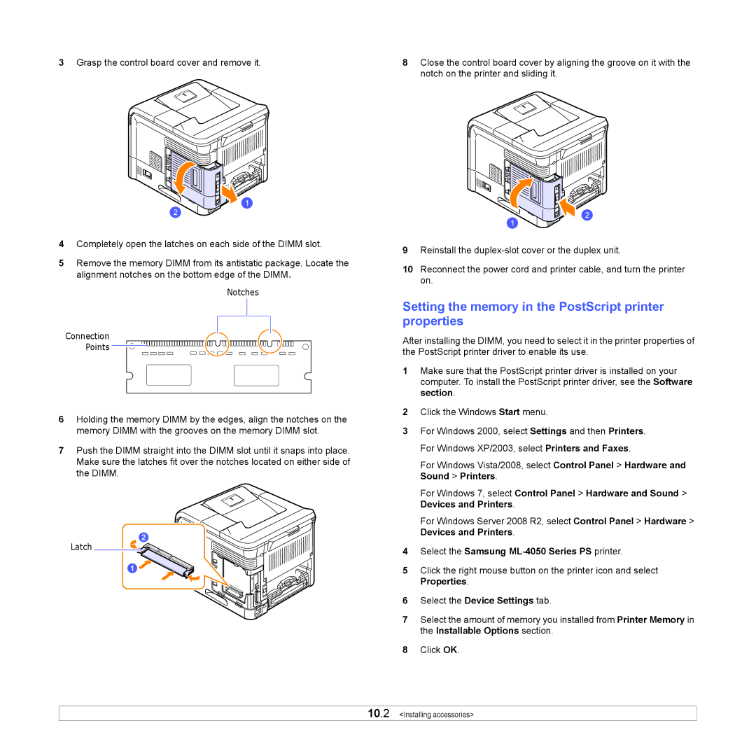 Samsung ML-4050ND Setting the memory in the PostScript printer properties, Select the Samsung ML-4050 Series PS printer 