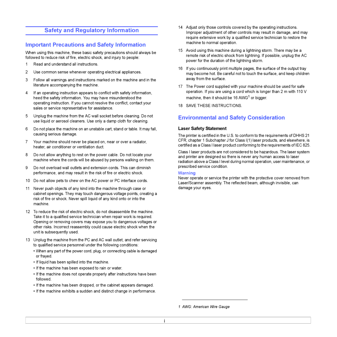 Samsung ML-4050ND Safety and Regulatory Information, Important Precautions and Safety Information, Laser Safety Statement 