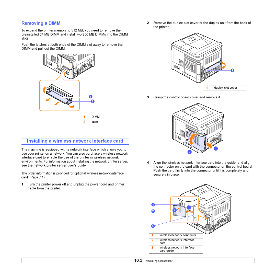 Samsung ML-4050ND manual Installing a wireless network interface card, Removing a Dimm 