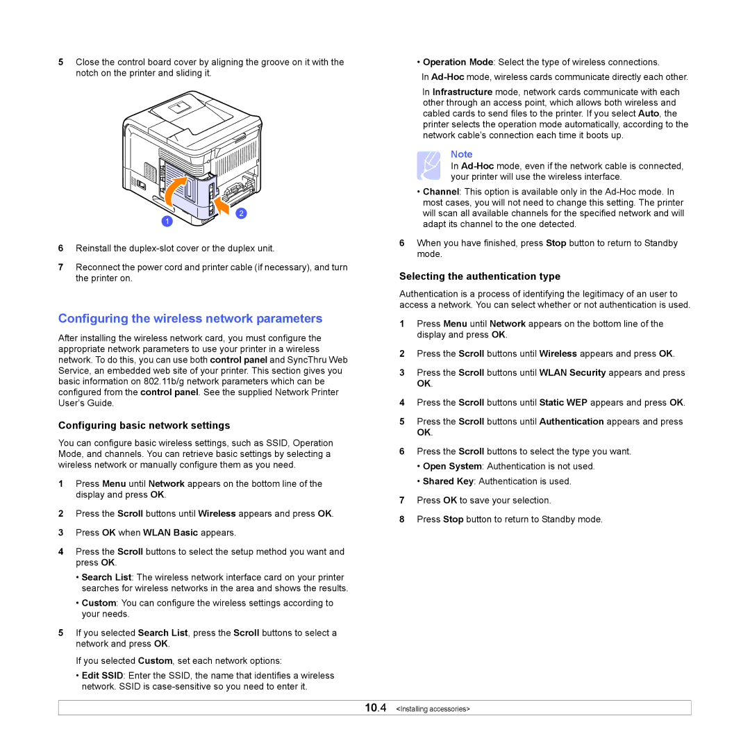 Samsung ML-4050ND manual Configuring the wireless network parameters, Configuring basic network settings 