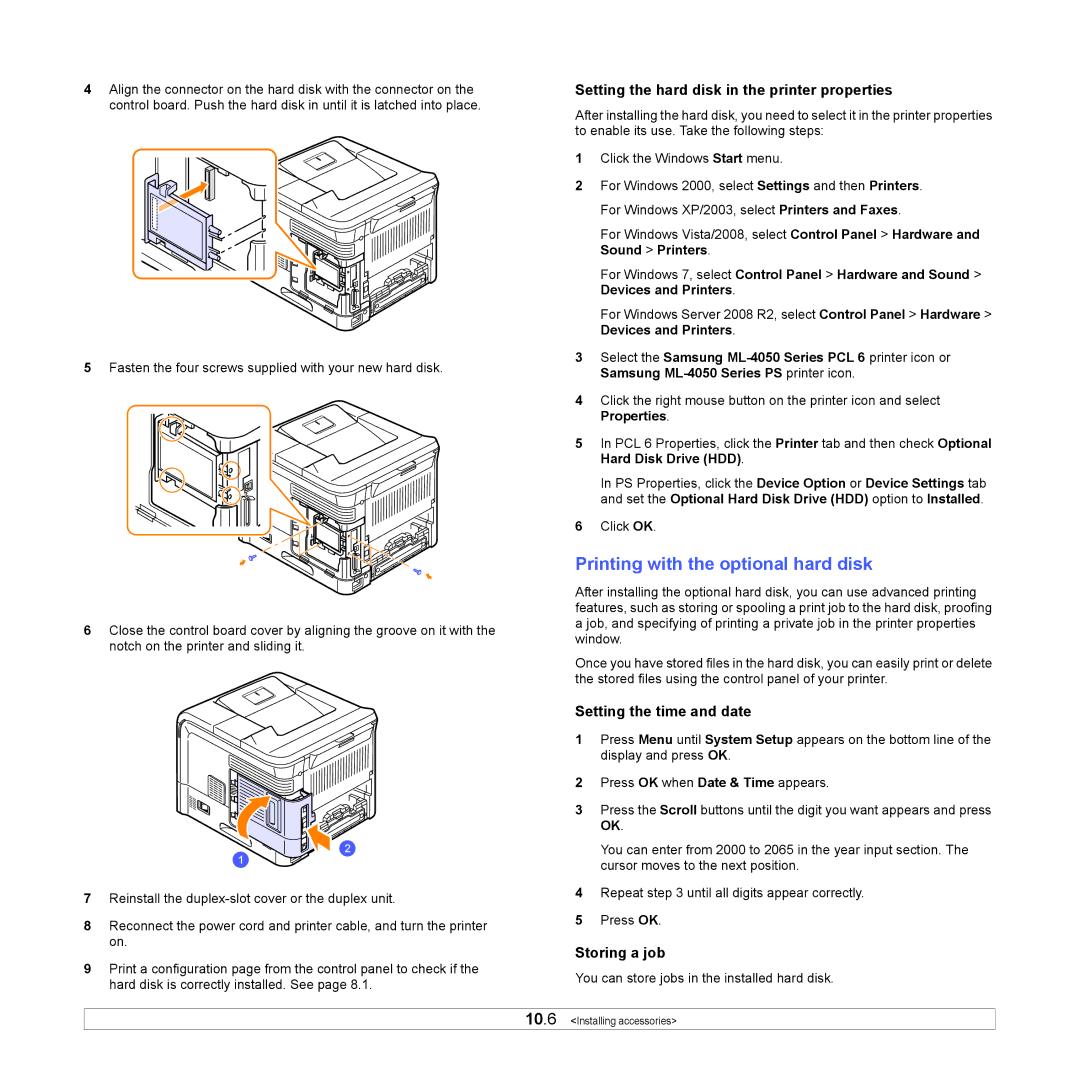 Samsung ML-4050ND Printing with the optional hard disk, Setting the hard disk in the printer properties, Storing a job 