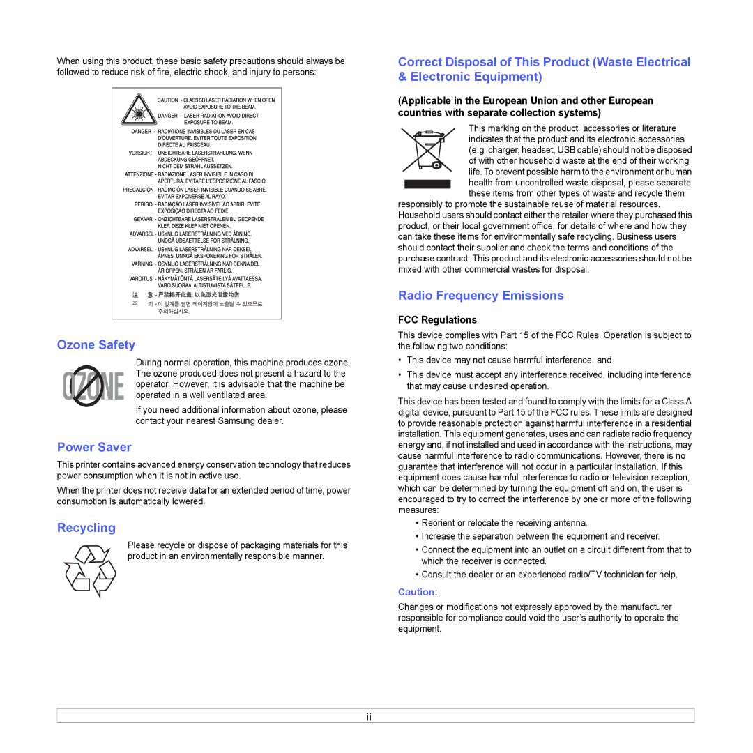 Samsung ML-4050ND manual Ozone Safety, Power Saver, Recycling, Radio Frequency Emissions, FCC Regulations 
