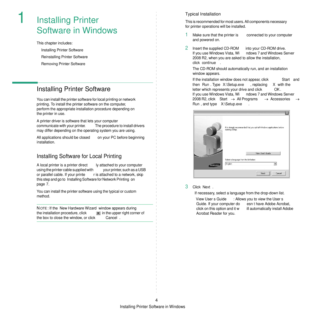 Samsung ML-4050ND manual Installing Printer Software, Installing Software for Local Printing, Typical Installation 