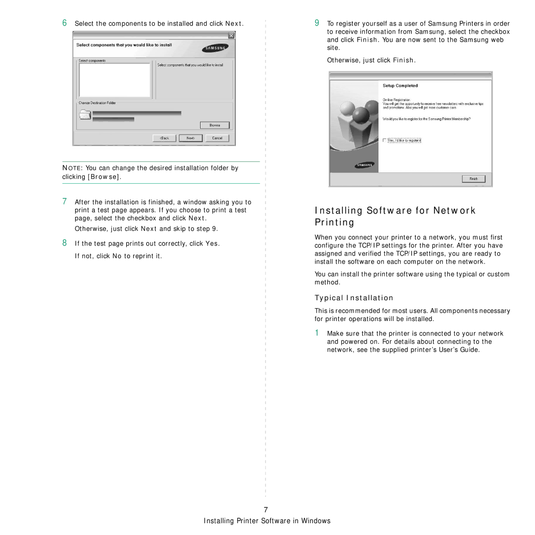 Samsung ML-4050ND manual Installing Software for Network Printing, Typical Installation 