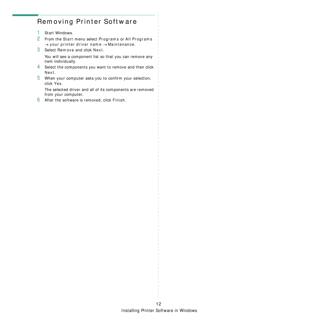 Samsung ML-4050ND manual Removing Printer Software, Next 