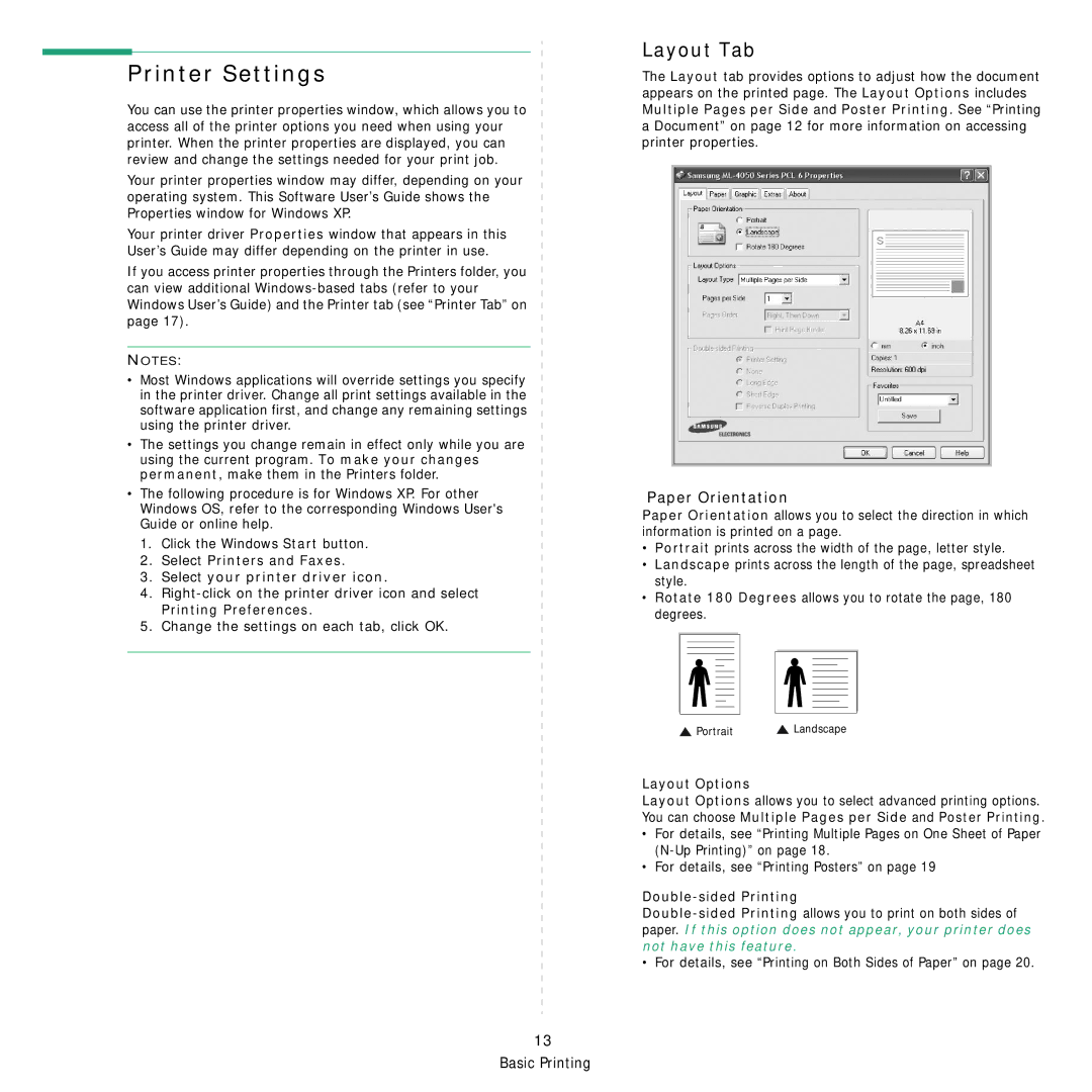 Samsung ML-4050ND manual Printer Settings, Layout Tab, Paper Orientation 