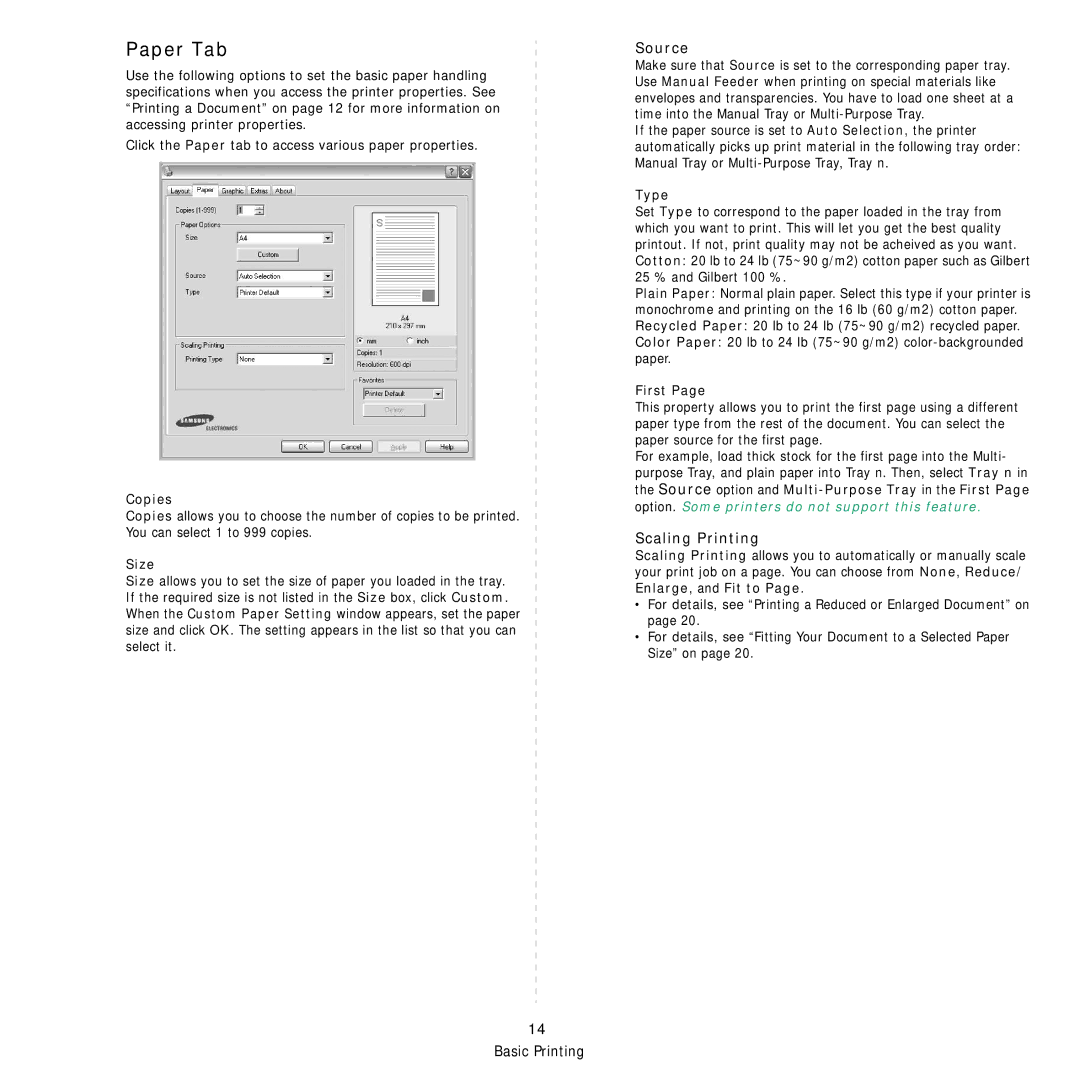 Samsung ML-4050ND manual Paper Tab, Source, Scaling Printing 