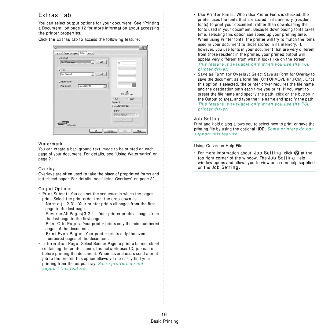 Samsung ML-4050ND manual Extras Tab, On the Job Setting 